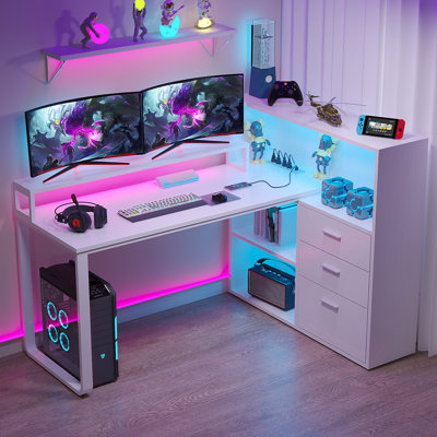 L Shaped Desk With Bookshelf and  Drawer, Corner Desk with LED Lights