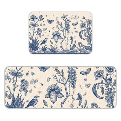 Blue Botanical Sketch, Non Slip Kitchen Mats Set Of 2