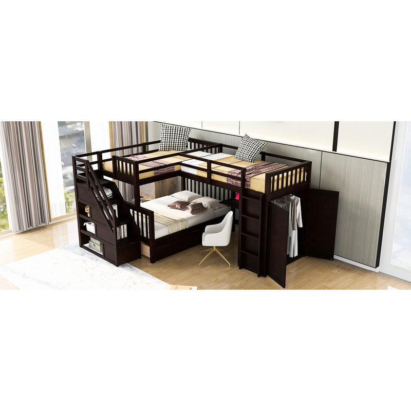 Lit superposé en L au-dessus de double avec 3 tiroirs, bureau portable et garde-robe dans l'espace et mobilier polyvalent pour les familles