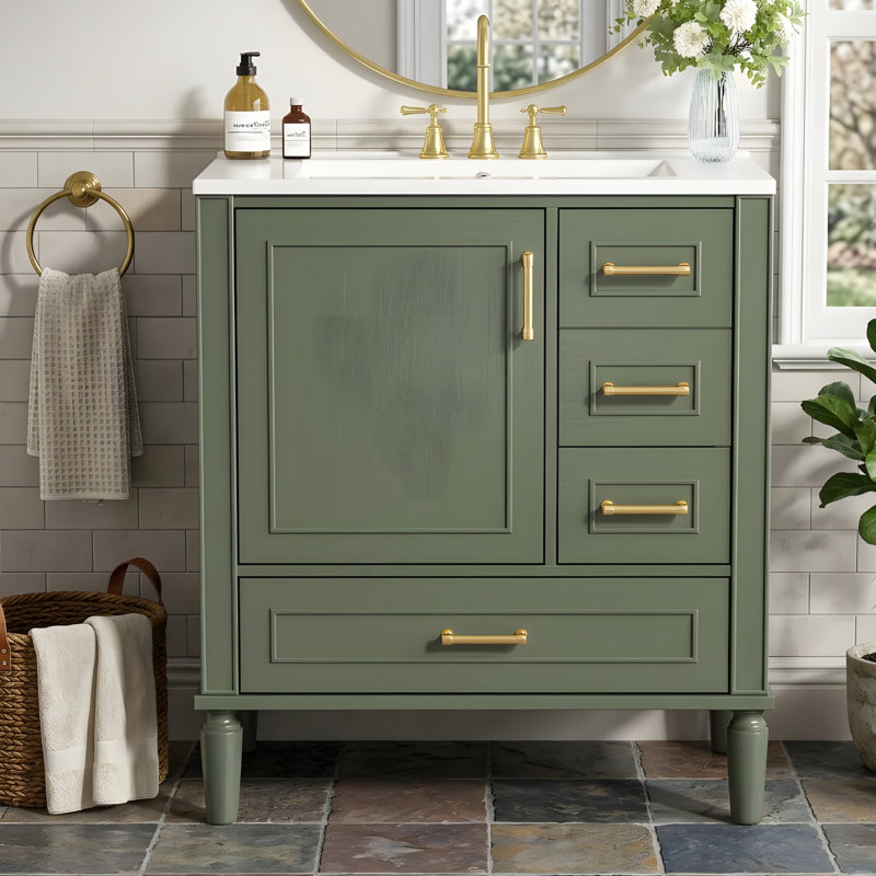 Meuble-lavabo autoportant avec trois tiroirs, idéal pour les petites salles de bain, Vert olive
