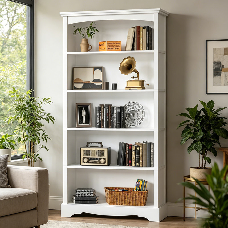 Bibliothèque à 5 niveaux en bois, bibliothèque moderne au sol pour salon, bureau, salle d'étude, Blanc