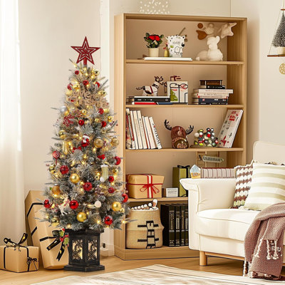 Arbre de Noël, arbre de Noël artificiel pré-éclairé 4,5 pieds avec 200 lumières DEL chaudes, tresse artificielle avec base de flocons de neige, décoration de Noël pour la maison, le bureau, paquet de 2