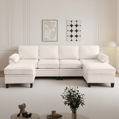 102-Inch Chenille Modular Sofa Set, U-Shaped Cloud Sofa With Storage Footstool, DIY Living Room Sofa Combination