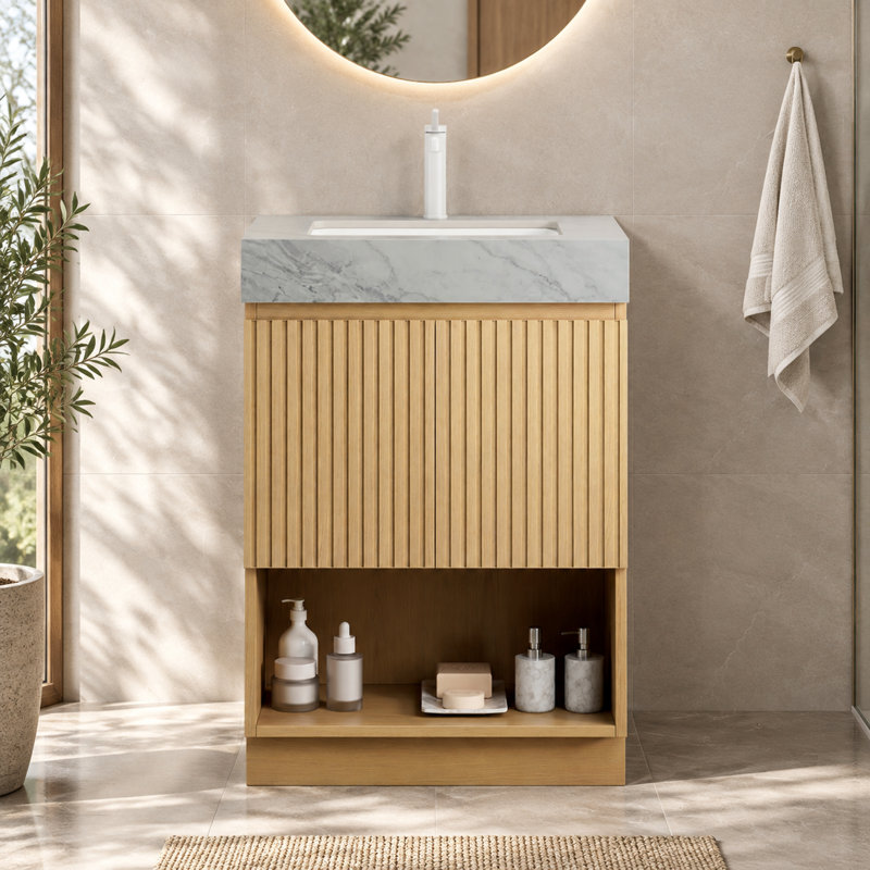 Meuble-lavabo autoportant de 61 cm avec comptoir en pierre frittée et lavabo en céramique