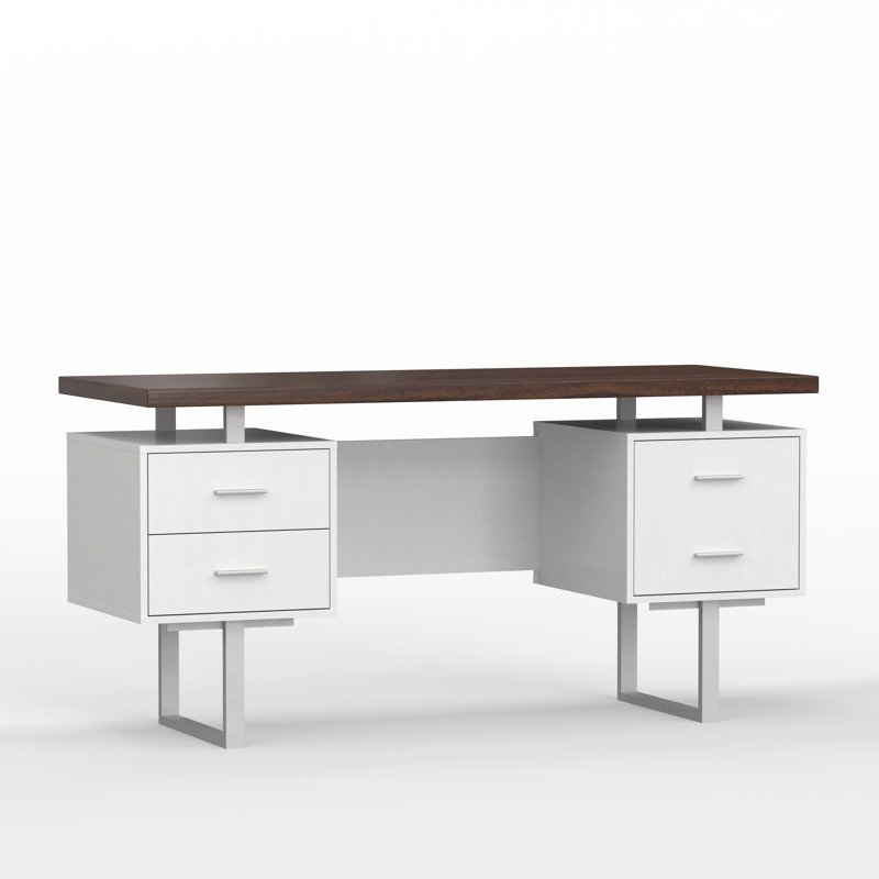 Auniya 60'' Desk, Walnut Top, White Body, White Metal/Hardware