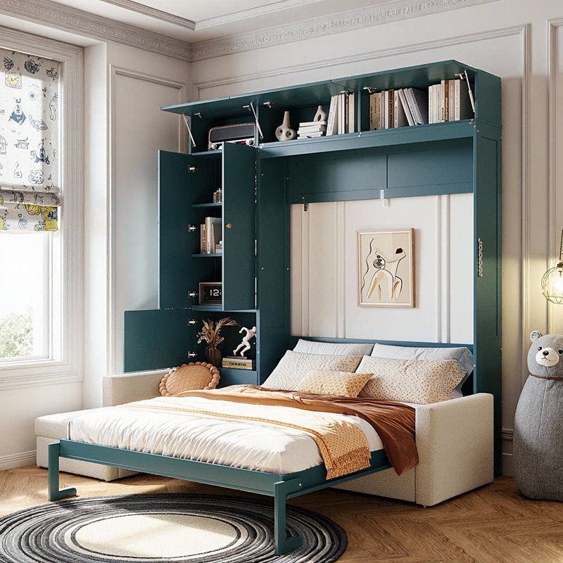 Grand lit escamotable mural avec canapé et tablettes - Canapé à panneaux et vert, Green+Beige