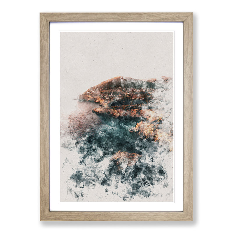 Coastline of Ibiza in Spain - Picture Frame Painting, 65cm H x 48cm W x 2cm D, Oak