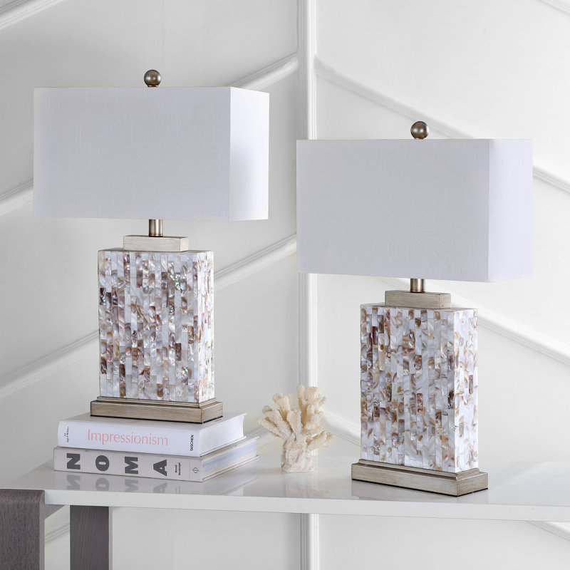 Ivory Shell Table Lamp Set with White Rectangular Shade