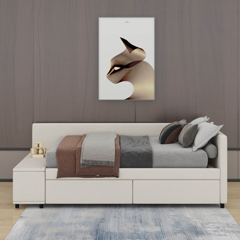 Lit plateforme simple tapissier en forme de L avec tiroirs, Beige