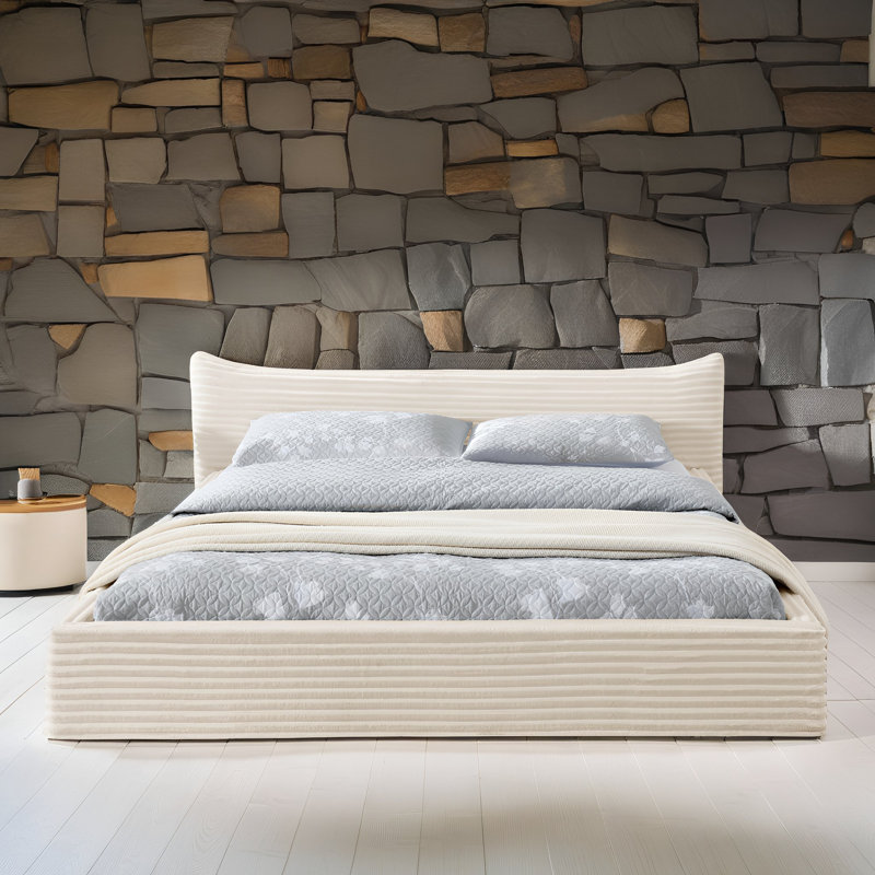 Grand lit plateforme tapissier avec tête de lit courbée en velours, structure en bois massif, aucun sommier tapissier requis