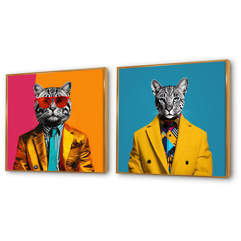 «Popart Iconic Cat In suit I», ensemble de 2 reproductions d'art sur toile, Cadre flottant doré, H 16 po x l 33 po x P 1 po