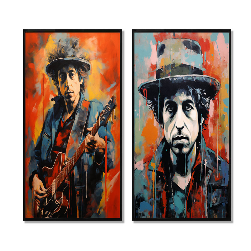 «Dylan In Denim Portrait - Abstract Popart», ensemble de 2 reproductions d'art sur toile, Cadre noir, H 40 po x l 41 po