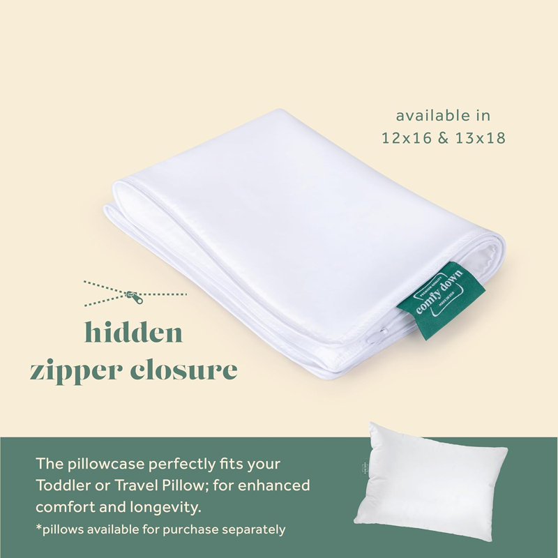 ComfyDown Pillowcase for Toddler & Travel Pillows Breathable, 100% Cotton, 400 Thread Count, Zipper Closure - 12"x16"