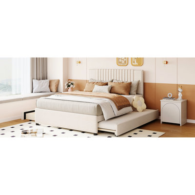 Upholstered Bed In Beige, 2 Drawers And Trundle, Classic Headboard, Robust Wood Structure, Increase Storage Space, Simple Assembly Procedure Full Platform With & Twin Headboard Look, Plywood Enhance