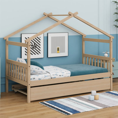 Wooden House Bed With Trundle