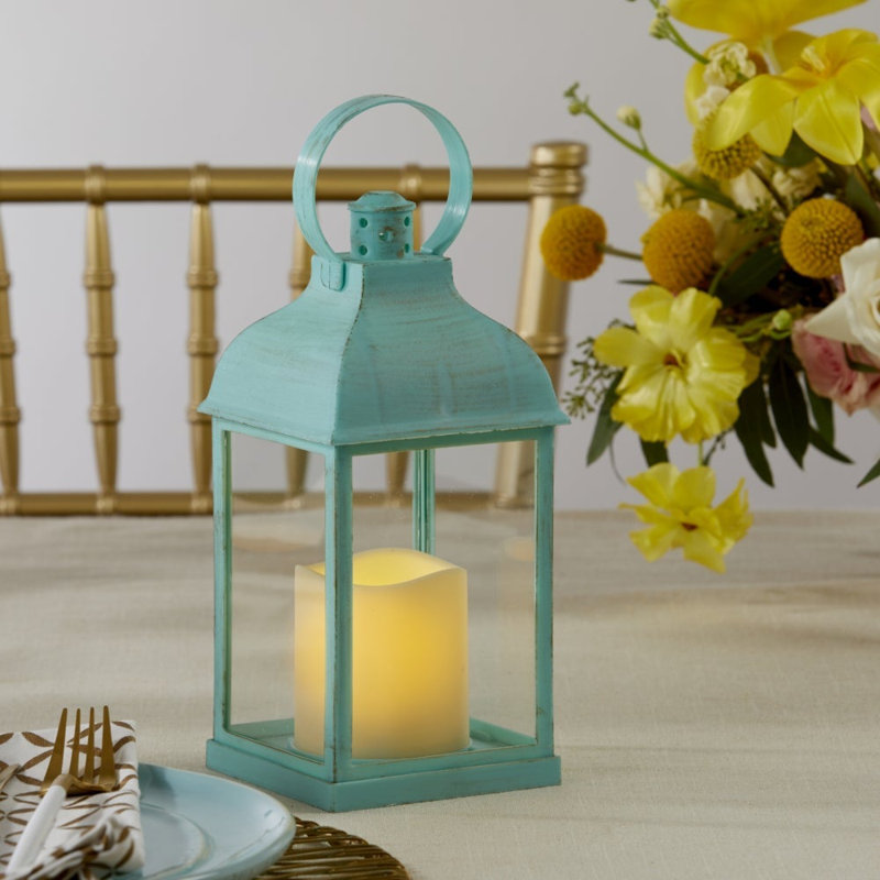 10.2'' H Plastic / Acrylic Tabletop Lantern with Candle Included, Vintage Blue