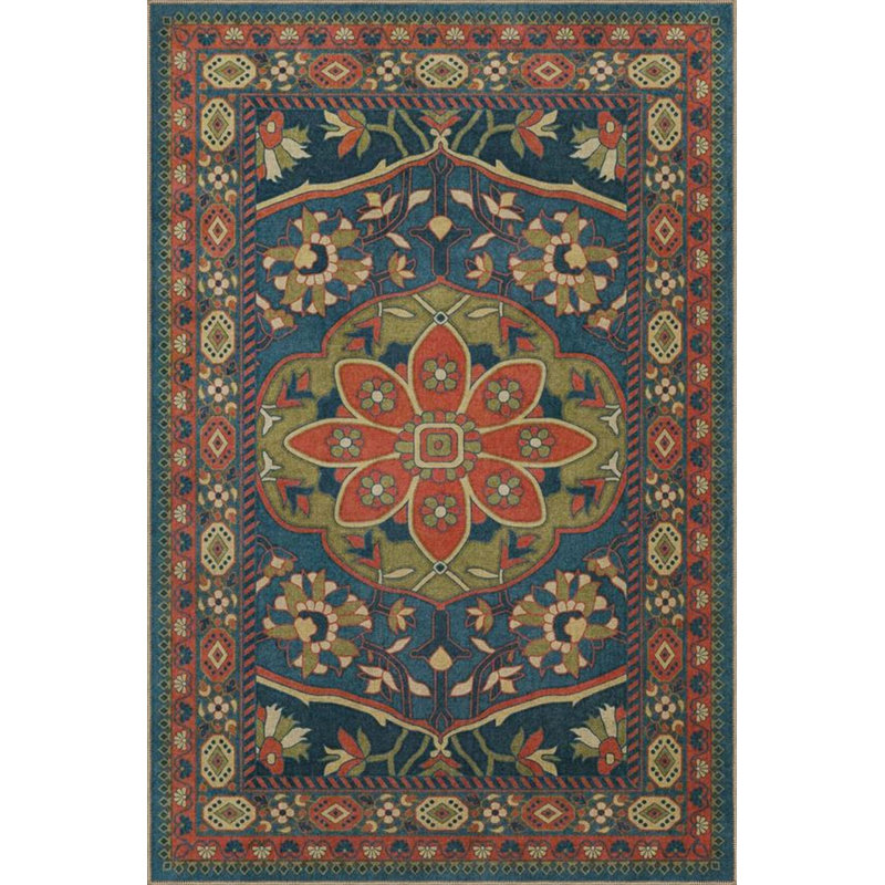 Green Floral Traditional Fluffy Woven Base Washable Carpet, Rectangle 4' x 5'11"
