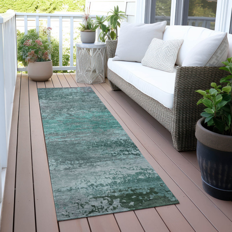 Tapis bleu sarcelle lavable à la machine intérieur / extérieur Xhevrie, Tapis de couloir 2 pi 3 po x 7 pi 6 po