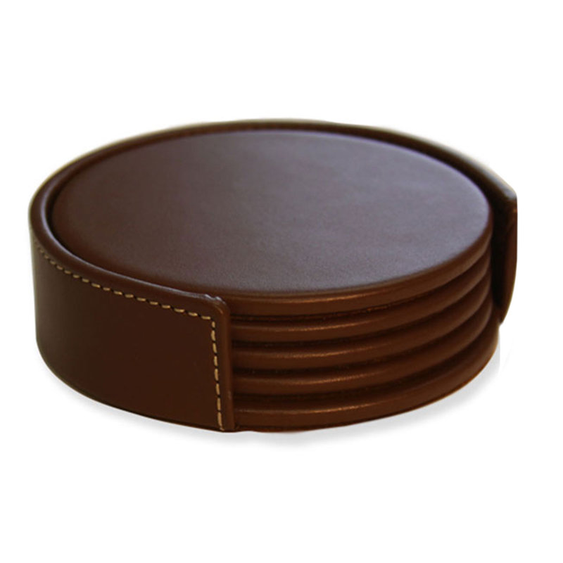 Quatre sous-verres Mehta en cuir avec support et doublure intérieure en brun rustique