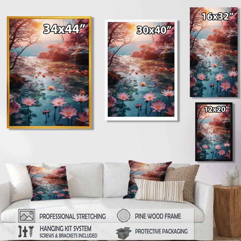 Rivière rose soleil bleu avec fleurs de lotus rose - décoration murale Lotus, Cadre flottant blanc, bois massif