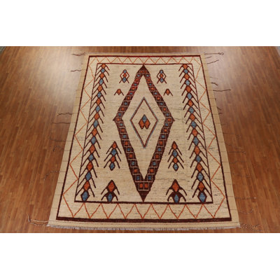Tapis beige en laine noué à la main de conception unique 9 pi 5 po x 12 pi 9 po New Age