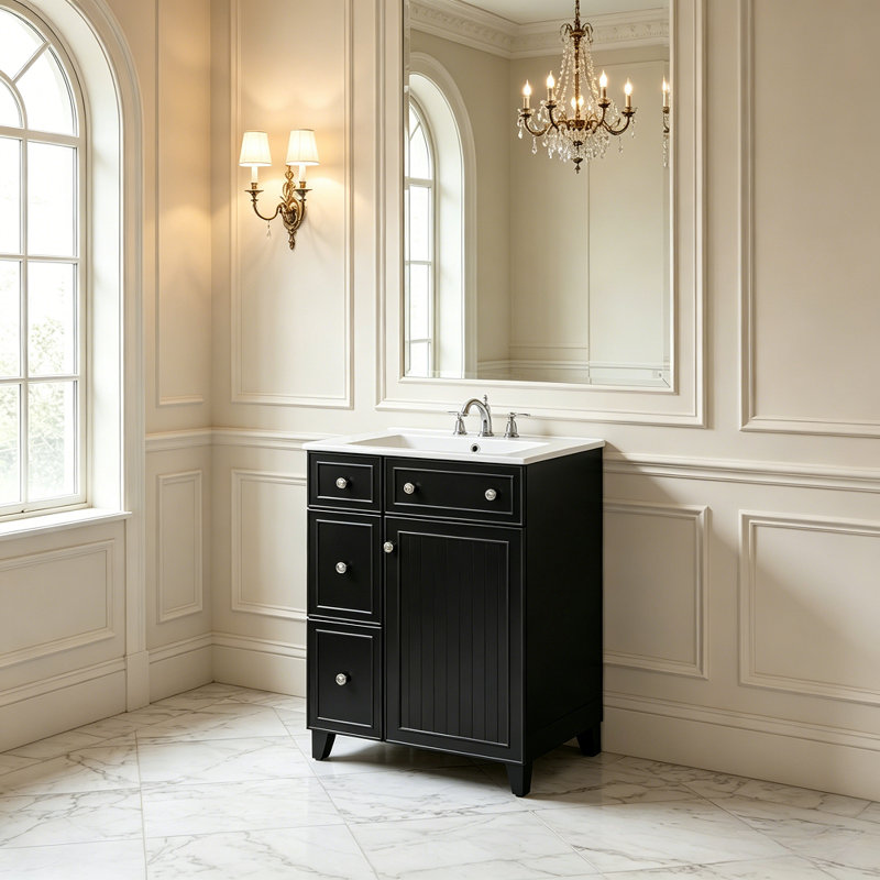 Meuble-lavabo autoportant 24 po avec lavabo en céramique et armoire de rangement 24 po, Noir