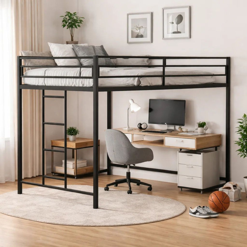 Ady Twin Size Loft Bed With Ladder And Guardrails, Black Metal Frame
