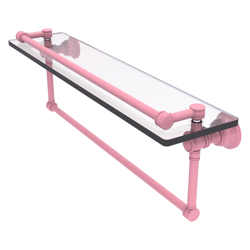 Freyja Glass Bracket Shelf with Towel Bar, 5.54" H x 22" W x 7.4" D, Pink