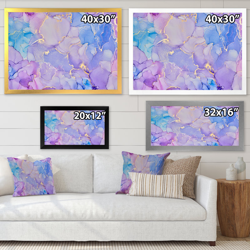 «Pink and Blue Ink Clouds IV», reproduction d'art sur toile moderne, H 16 po x l 32 po x P 1 po, Cadre photo doré