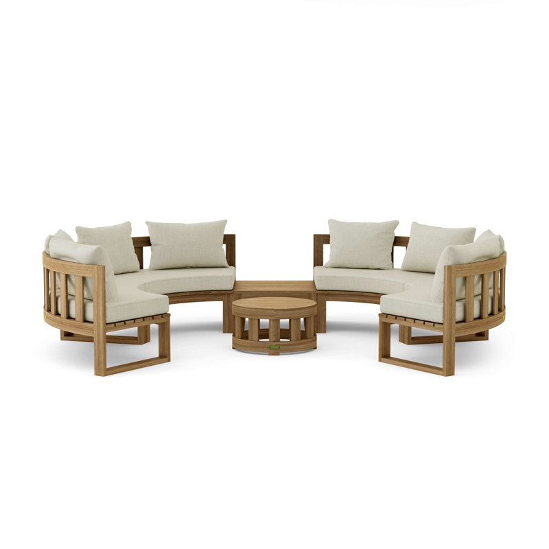 Ensemble de conversation d'extérieur circulaire en teck pour 8 personnes avec coussins, Toile Sunbrella® naturel
