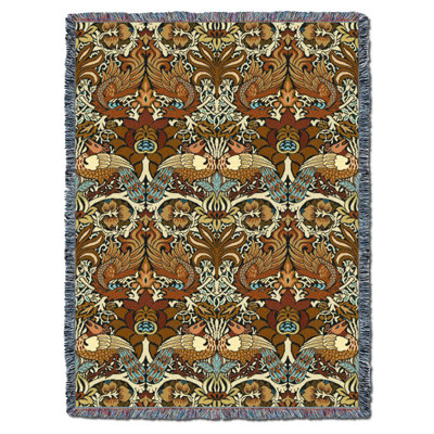 Couverture Pure Country Weavers William Morris Dragon and Peacock Sienna - Artisanat d'art - Jeté en coton tissé à la main - fabriqué aux États-Unis (72 x 54)
