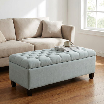 Banc bleu de 50,64 po pour la vie, repose-pieds et rangement, en bois d'ingénierie, multifonctionnel avec couvercle intérieur spacieux