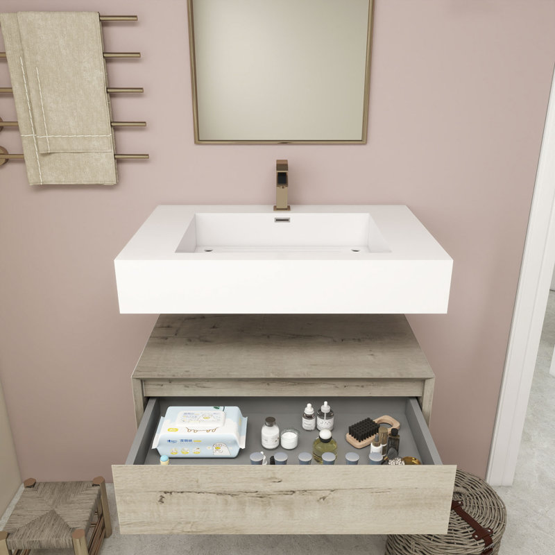 Alysa 30" Wall-Mounted Single Bathroom Vanity Set, White Oak