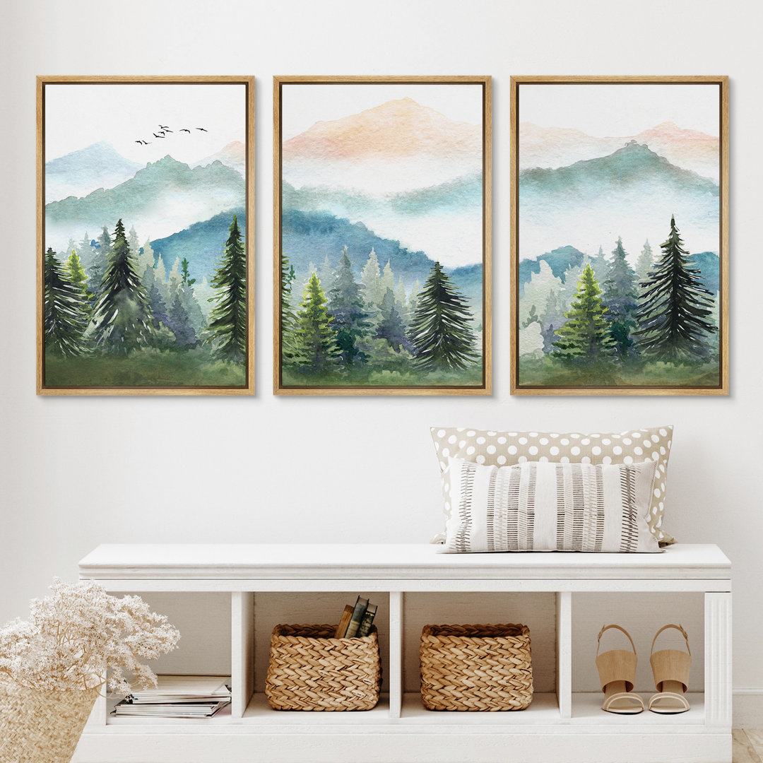 Woodland Forest Landscape Watercolor Pastel Mountain Range Pine Tree Forest Landscape Framed On Canvas 3 Piece Print Wall Art IDEA4WALL Frame 