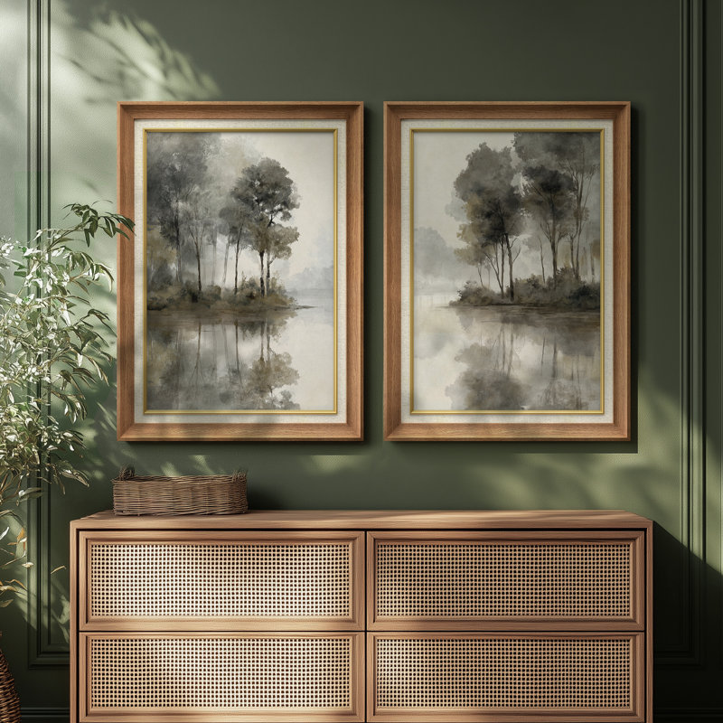 «Misty Lakeside Trees Serene Reflective Tonal Landscape», ensemble de 2 reproductions d'art encadrées sur papier de qualité supérieure 26 po x 36 po
