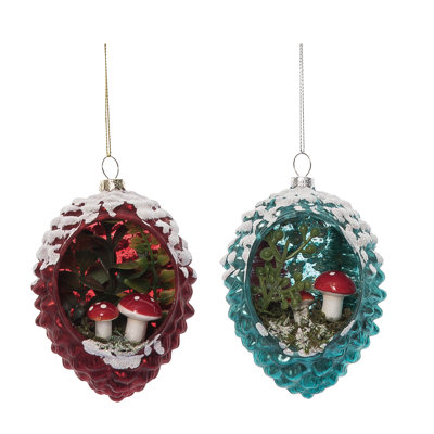  Ensemble de 2 décorations de Noël en forme de champignon en verre avec gland