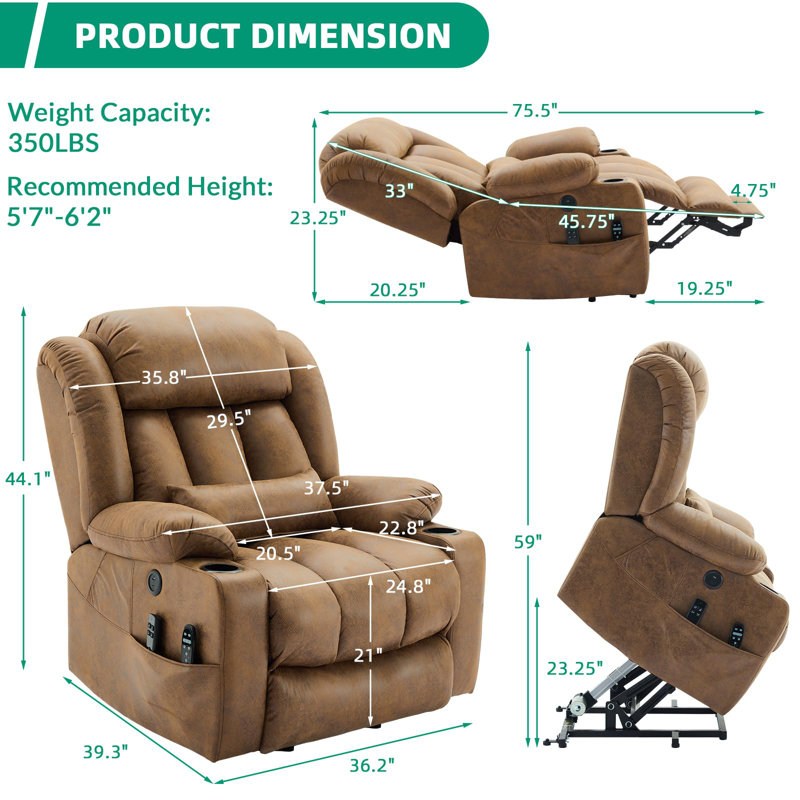 Latitude Run Tall Man Large Dual Motor Power Lift Recliner Chair With Extended Footrest, Oversized Lay Flat Sleeper Electric Recliner W/Heat & Massage, Lumbar Pillow, USB & Type-C Ports