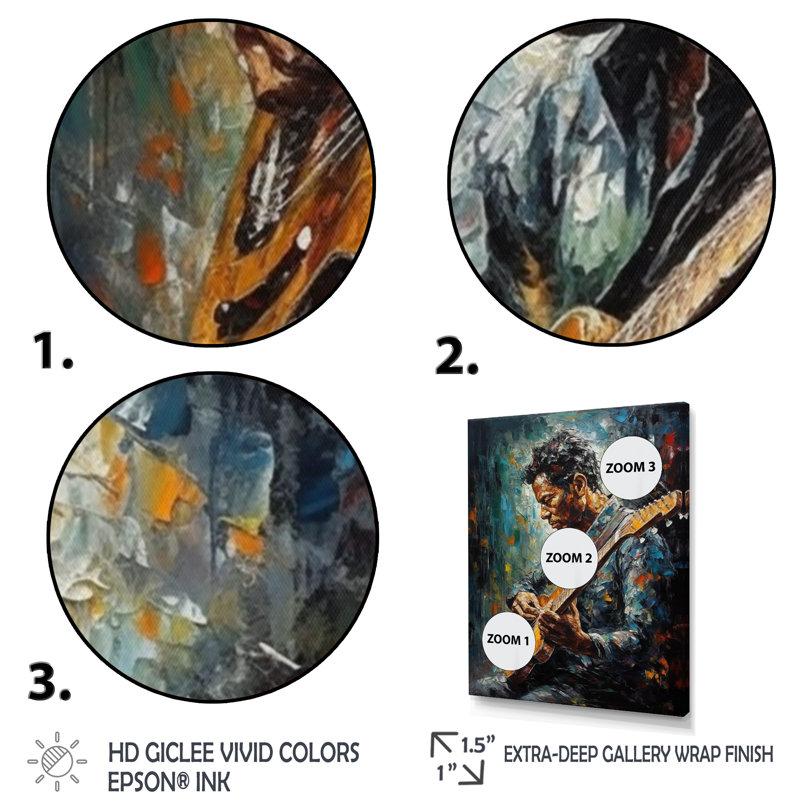Musicien jouant de la guitare II sur toile, H 40 po x l 30 po x P 1,5 po, Cadre doré à coins fermés