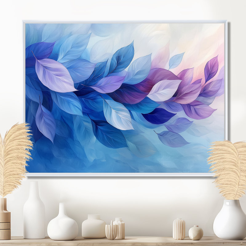 «Floating Leaves In Purple Ink River II», art mural feuilles, H 34 po x l 44 po, Impression encadrée flottante, Blanc