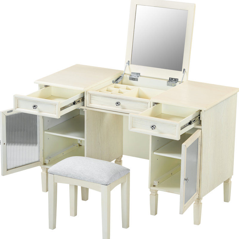Coiffeuse 2 en 1 avec miroir pliable caché, deux tiroirs latéraux et armoires pour bureau à domicile