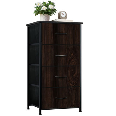 Dresser for Bedroom with 4 Storage Drawers Dark Brown Natural Wood Grain Texture Deep Lines Rustic Dressers Chest of Drawers Steel Framed Fabric Closet Organizers for Nursery Kids Dorm Entryway