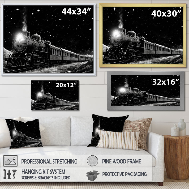 Train noir et blanc II - train, art mural, Cadre flottant doré, H 12 po x l 20 po x P 1 po
