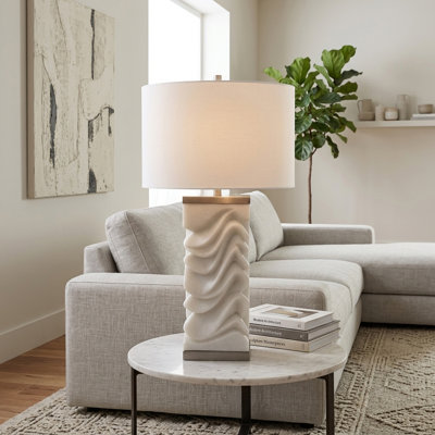 Table Lamp Stone Non-Woven Fabric Quartz Sculpted Wave Base Home Office Bedroom Living Room Lighting - 30" White