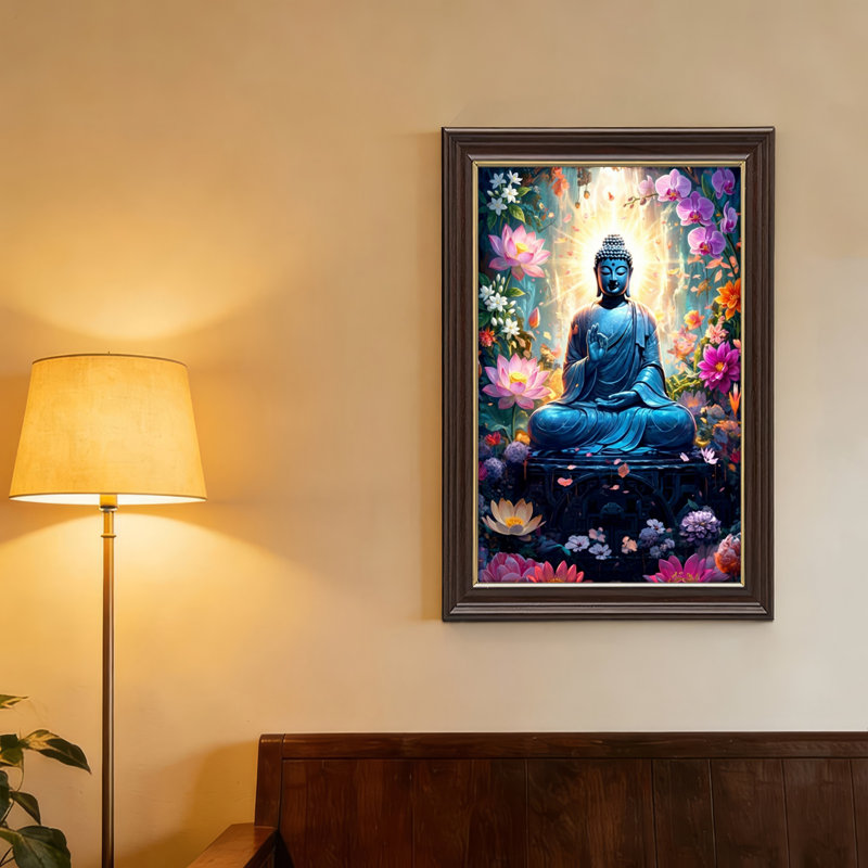 Natural Wood Framed,Canvas Wall Art for Living Room, Bedroom, Office or Entryway – Decorative Wall Decor with Buddha Garden