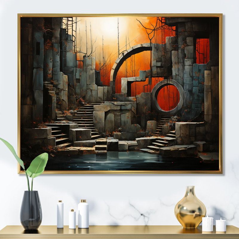 Tunnel surréel, collage sur toile, H 12 po x l 20 po x P 1 po, Cadre flottant doré