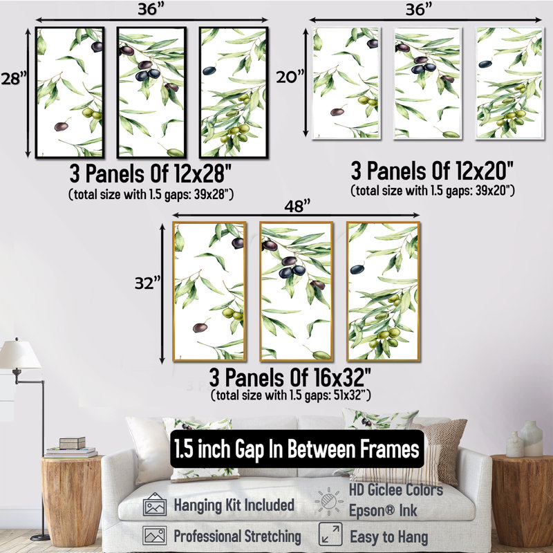 «Green and Black Olives With Olive Branches & Leaves», peinture sur toile 3 pièces, H 28 po x l 36 po, Érable