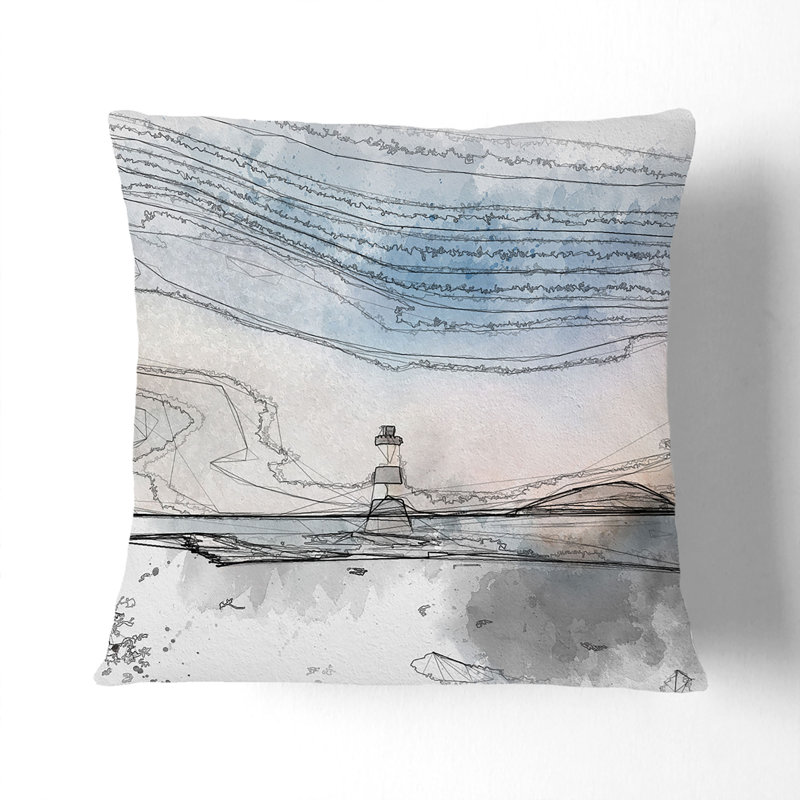 Lighthouse and Seascape at Dusk Sketch Cushion with Filling, 55cm H x 55cm W x 20cm D, Black