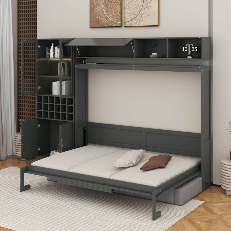 Grand lit escamotable avec canapé, USB et lumière, Grand lit, Gris