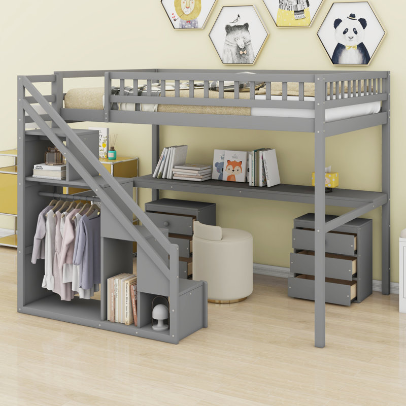 Lit mezzanine avec commode, bureau et bande lumineuse, Gris, Double