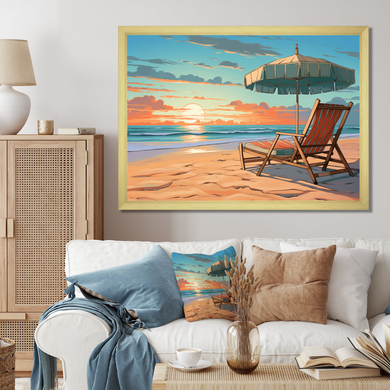 Reichard " Retro Beach Chairs With Parasol Seren Sunset ", 24" H x 32" W x 1" D, Gold Single Picture Framed